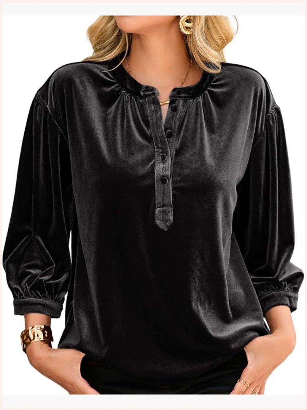 Velvet 3/4 Sleeve Henley Button Up Blouse Tunic Top